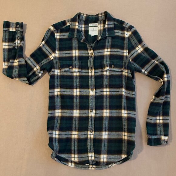 American Eagle Ahh-Mazingly Soft Green Plaid Slim Fit Flannel Button Down Size M - Picture 2 of 6
